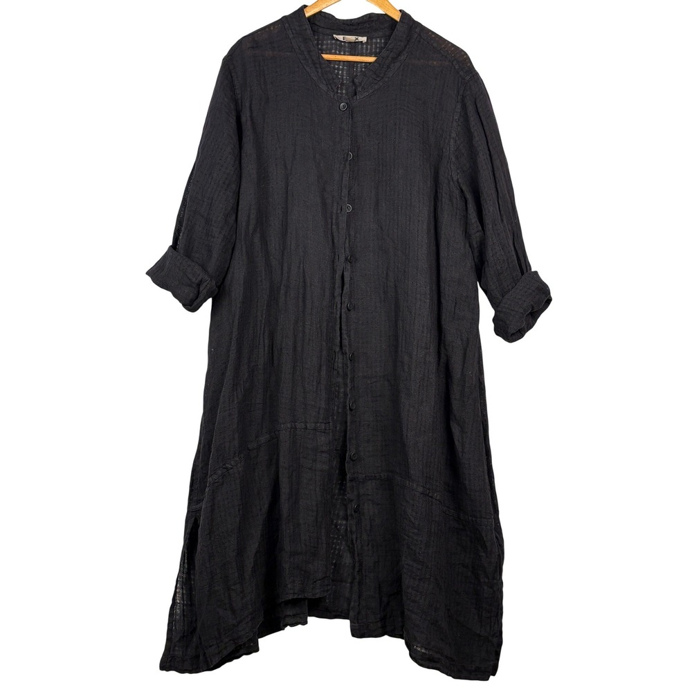 FLAX Women 100% Linen Long Duster Cardigan Coat Sz L Black Buttons Lagenlook - Picture 2 of 16